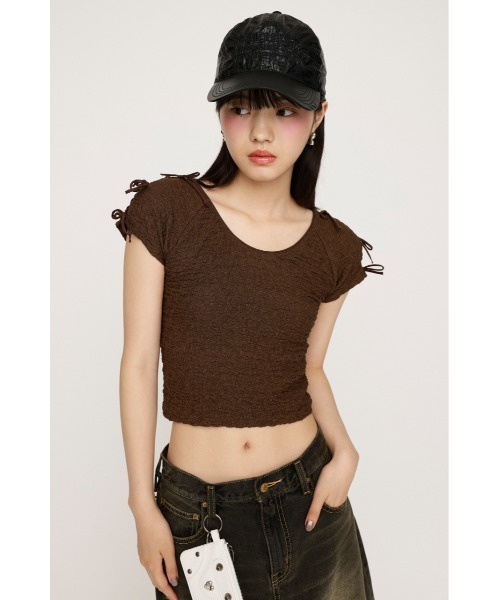 SLY（スライ）の「2WAY RIBBON JQ TOPS ツーウェイ リボン ジャガード トップス（Tシャツ/カットソー・レディース・ブラウン/ライトブルー/アイボリー・FREE）」の6枚目の写真