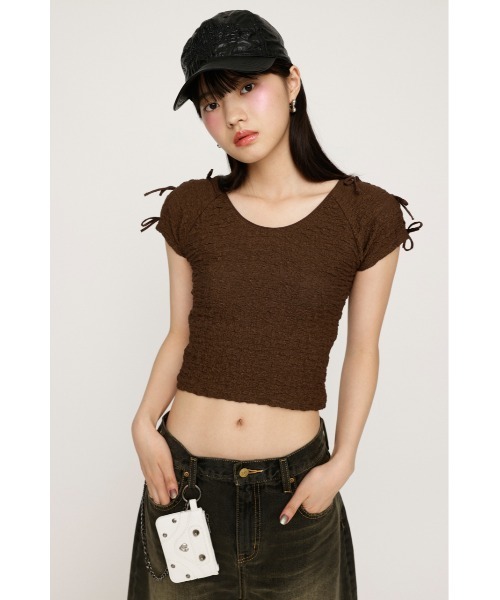 SLY（スライ）の「2WAY RIBBON JQ TOPS ツーウェイ リボン ジャガード トップス（Tシャツ/カットソー・レディース・ブラウン/ライトブルー/アイボリー・FREE）」の7枚目の写真
