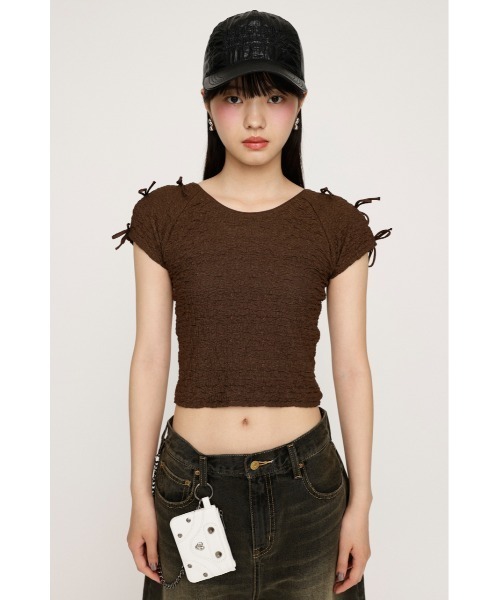 SLY（スライ）の「2WAY RIBBON JQ TOPS ツーウェイ リボン ジャガード トップス（Tシャツ/カットソー・レディース・ブラウン/ライトブルー/アイボリー・FREE）」の8枚目の写真