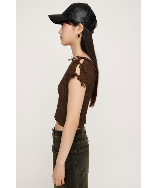 SLY（スライ）の「2WAY RIBBON JQ TOPS ツーウェイ リボン ジャガード トップス（Tシャツ/カットソー・レディース・ブラウン/ライトブルー/アイボリー・FREE）」の9枚目の写真