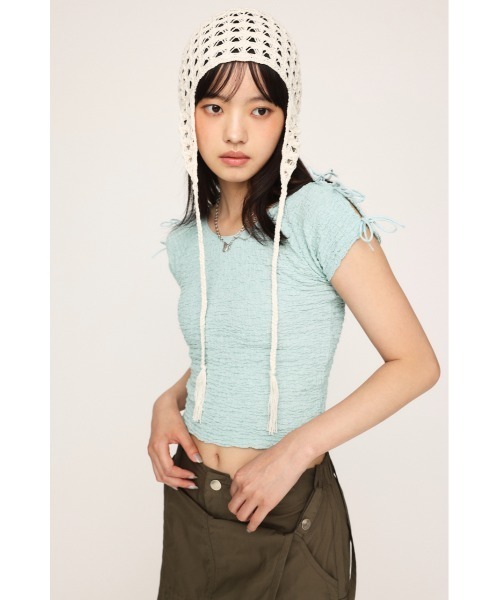 SLY（スライ）の「2WAY RIBBON JQ TOPS ツーウェイ リボン ジャガード トップス（Tシャツ/カットソー・レディース・ブラウン/ライトブルー/アイボリー・FREE）」の12枚目の写真