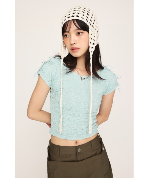 SLY（スライ）の「2WAY RIBBON JQ TOPS ツーウェイ リボン ジャガード トップス（Tシャツ/カットソー・レディース・ブラウン/ライトブルー/アイボリー・FREE）」の14枚目の写真