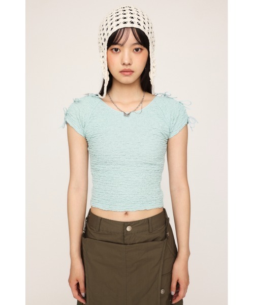 SLY（スライ）の「2WAY RIBBON JQ TOPS ツーウェイ リボン ジャガード トップス（Tシャツ/カットソー・レディース・ブラウン/ライトブルー/アイボリー・FREE）」の15枚目の写真