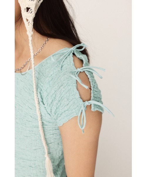 SLY（スライ）の「2WAY RIBBON JQ TOPS ツーウェイ リボン ジャガード トップス（Tシャツ/カットソー・レディース・ブラウン/ライトブルー/アイボリー・FREE）」の19枚目の写真