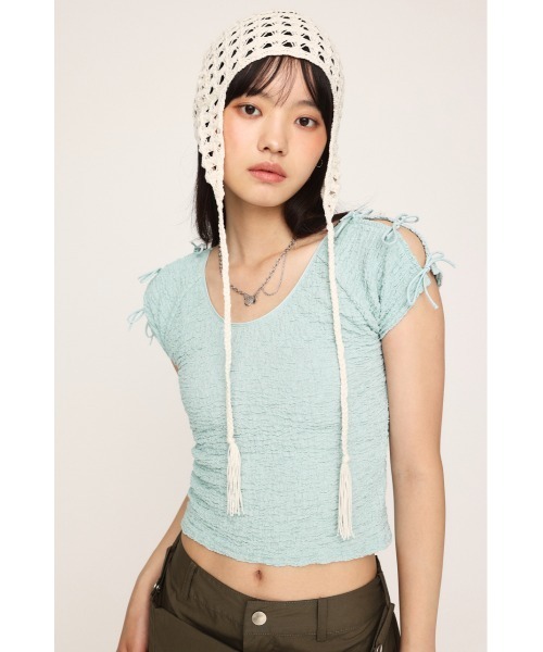 SLY（スライ）の「2WAY RIBBON JQ TOPS ツーウェイ リボン ジャガード トップス（Tシャツ/カットソー・レディース・ブラウン/ライトブルー/アイボリー・FREE）」の21枚目の写真