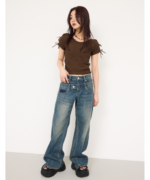 SLY（スライ）の「2WAY RIBBON JQ TOPS ツーウェイ リボン ジャガード トップス（Tシャツ/カットソー・レディース・ブラウン/ライトブルー/アイボリー・FREE）」の11枚目の写真