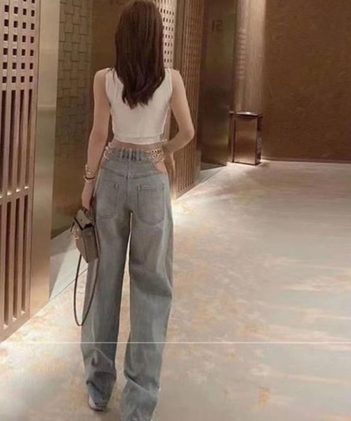 セール】ウエストカットチェーンデニムストレートパンツ（デニム