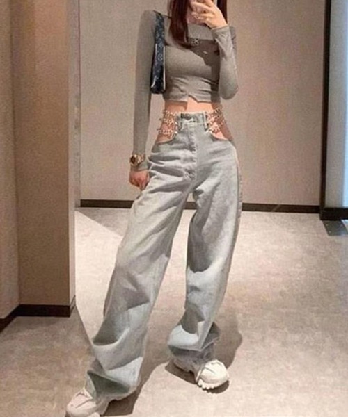 セール】ウエストカットチェーンデニムストレートパンツ（デニムパンツ