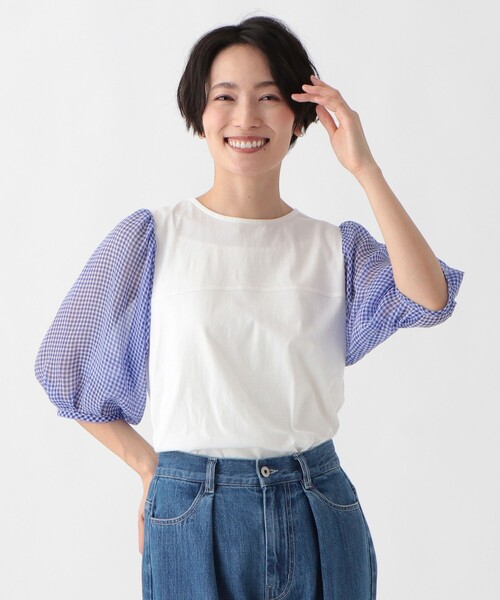 セール】シアーギンガムチェック袖切替プルオーバー（Tシャツ 