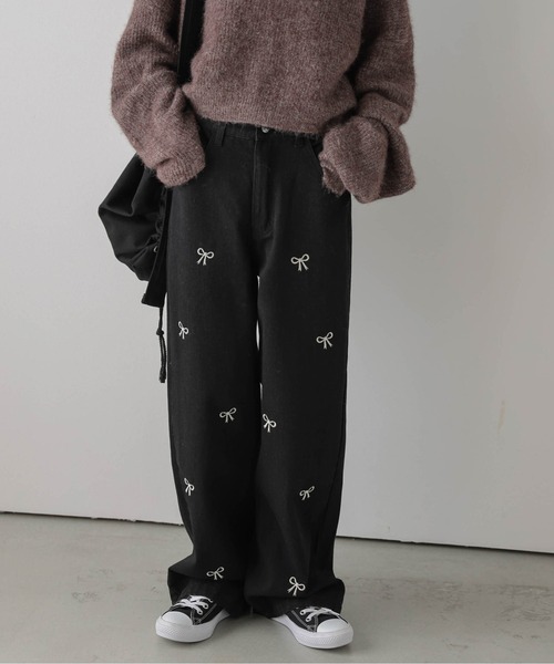 セール】リボン刺繍ワイドデニムパンツ（デニムパンツ）｜La