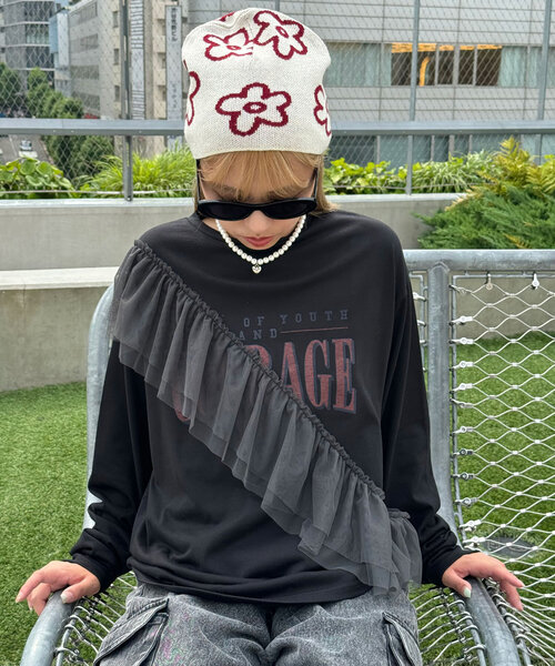 CIAOPANIC(チャオパニック)の「フラワーロゴニットビーニー(ニットキャップ/ビーニー・レディース・ブラック/アイボリー/ローズ/グレー・FREE)」の5枚目の写真