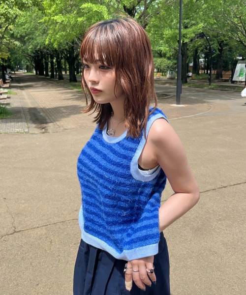 00s  flash destroy タンクトップ セール】back slit shaggy border tank top（タンクトップ