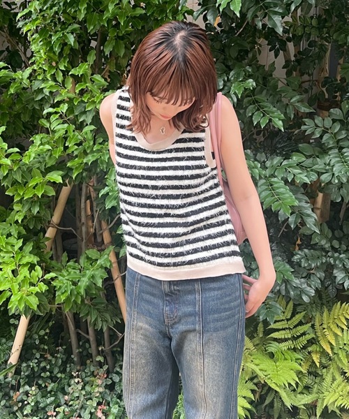 セール】back slit shaggy border tank top（タンクトップ