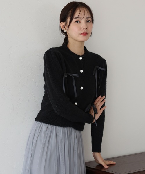 セール】リボン付きパールボタンカーディガン（カーディガン/ボレロ