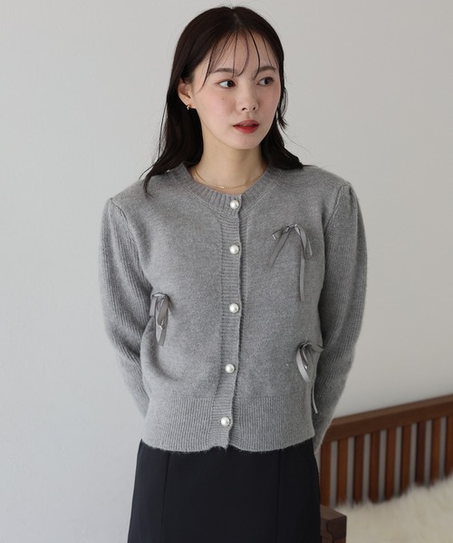 セール】リボン付きパールボタンカーディガン（カーディガン