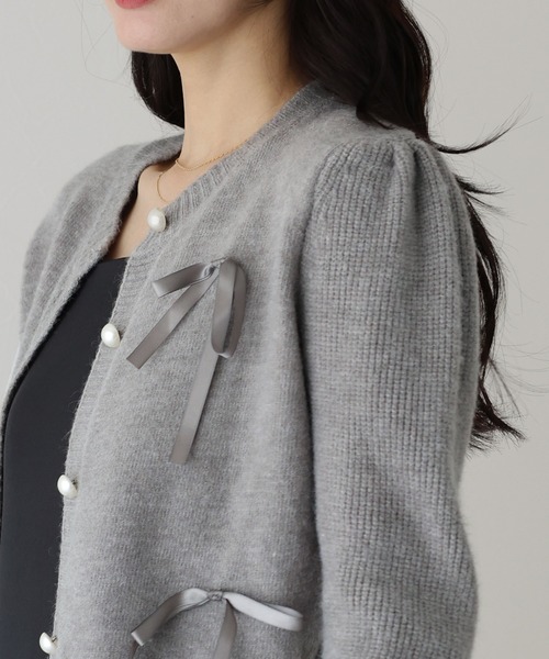 セール】リボン付きパールボタンカーディガン（カーディガン/ボレロ