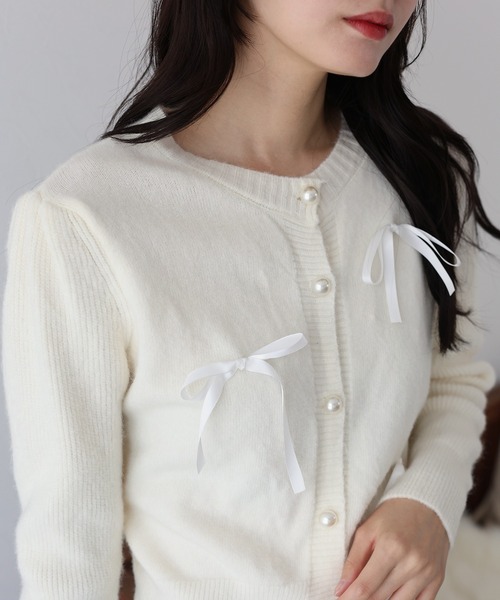 セール】リボン付きパールボタンカーディガン（カーディガン/ボレロ