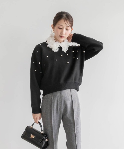 RANDA（ランダ）の「【選べる丈感】パール付きスウェットライクニット（ニット/セーター・レディース・グレー/ホワイト/ブラック・FT/FREE）」の6枚目の写真