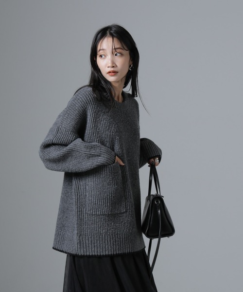 NANO universe（ナノユニバース）の「ポケットディティール片畔ニットプルオーバー（ニット/セーター・レディース・ライトグレー/アイボリー/チャコール・FREE）」の3枚目の写真