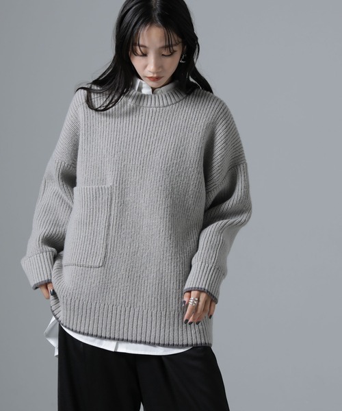 NANO universe（ナノユニバース）の「ポケットディティール片畔ニットプルオーバー（ニット/セーター・レディース・ライトグレー/アイボリー/チャコール・FREE）」の2枚目の写真