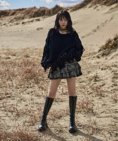 REFLEM(レフレム)の「『REFLEM/レフレム』タンク付き格子編みニットPO/ニットプルオーバー(ニット/セーター・レディース・グレー/ブラック・FREE)」の5枚目の写真