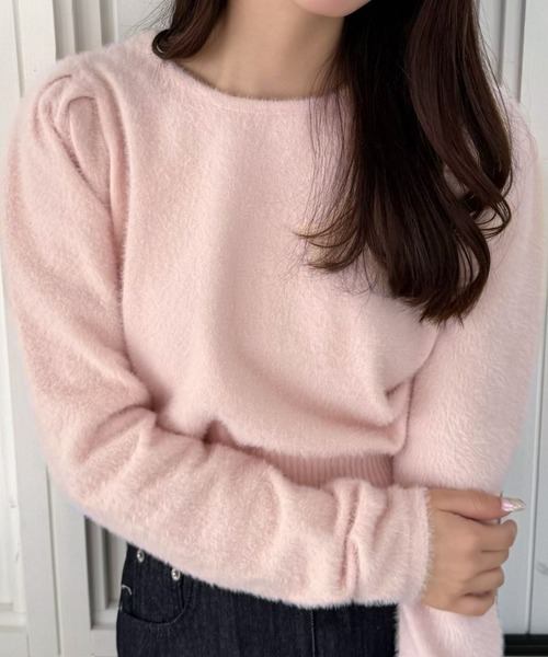 CLEAR BASIC（クリアベーシック）の「バックリボンショートフェザーニットトップス[着回し抜群 大人 カジュアル] ≪再入荷≫（ニット/セーター・レディース・ピンク/オフホワイト/ライトグレー/イエロー・F）」の4枚目の写真