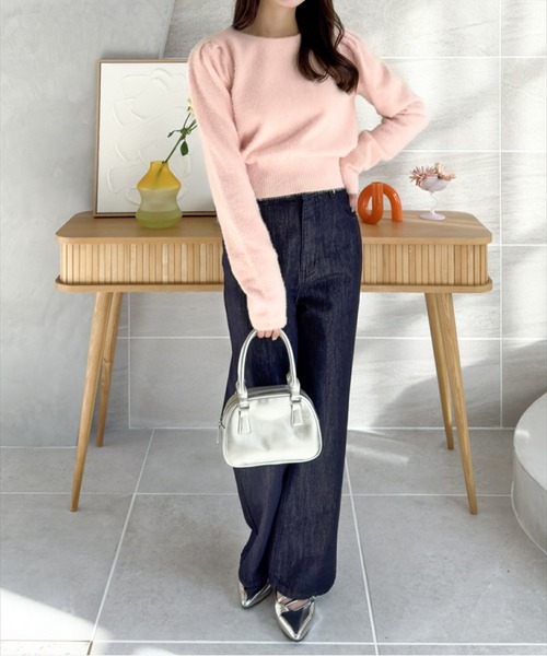 CLEAR BASIC（クリアベーシック）の「バックリボンショートフェザーニットトップス[着回し抜群 大人 カジュアル] ≪再入荷≫（ニット/セーター・レディース・ピンク/オフホワイト/ライトグレー/イエロー・F）」の6枚目の写真