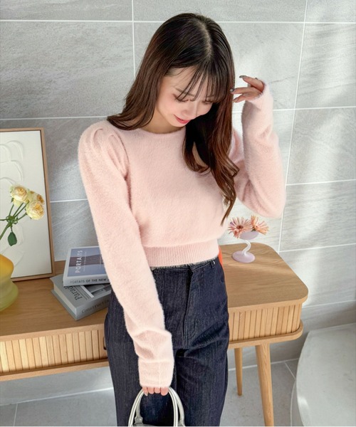 CLEAR BASIC（クリアベーシック）の「バックリボンショートフェザーニットトップス[着回し抜群 大人 カジュアル] ≪再入荷≫（ニット/セーター・レディース・ピンク/オフホワイト/ライトグレー/イエロー・F）」の7枚目の写真