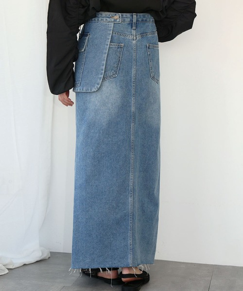 セール】サイドポケット付きスリットデニムロングスカート