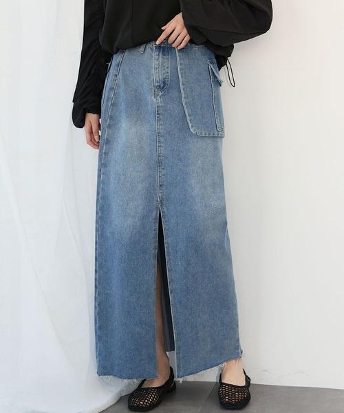 セール】サイドポケット付きスリットデニムロングスカート