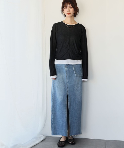 セール】サイドポケット付きスリットデニムロングスカート