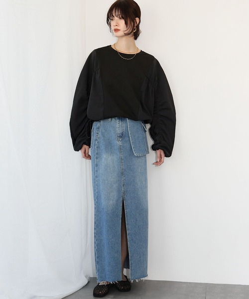 セール】サイドポケット付きスリットデニムロングスカート