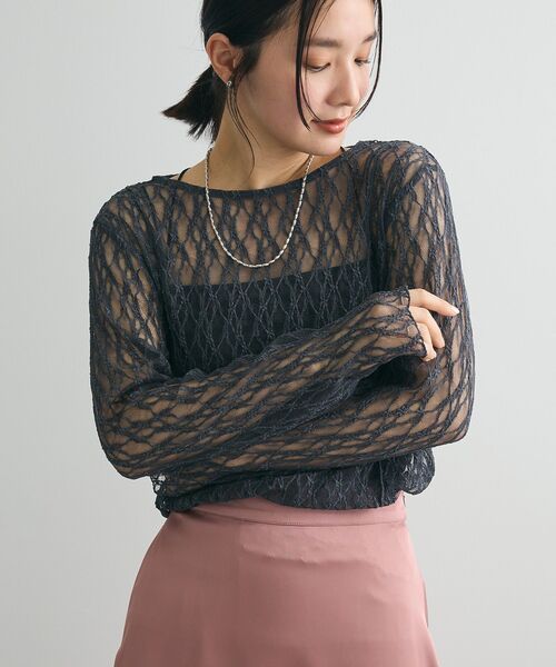 Green　Parks（グリーンパークス）の「パネルラインレースカットプルオーバー（Tシャツ/カットソー・レディース・ブラック/ライトベージュ/アイボリー/グレー・FREE）」の5枚目の写真