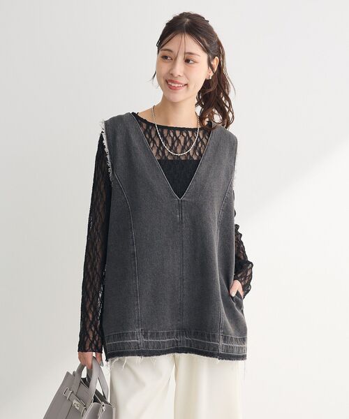 Green　Parks（グリーンパークス）の「パネルラインレースカットプルオーバー（Tシャツ/カットソー・レディース・ブラック/ライトベージュ/アイボリー/グレー・FREE）」の19枚目の写真