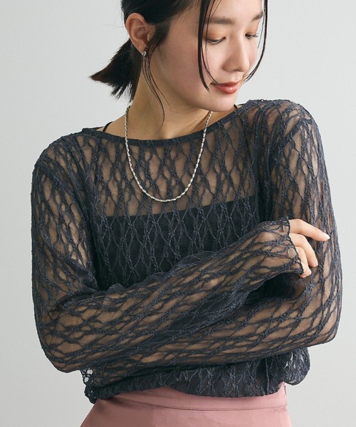 Green　Parks（グリーンパークス）の「パネルラインレースカットプルオーバー（Tシャツ/カットソー・レディース・ブラック/ライトベージュ/アイボリー/グレー・FREE）」の3枚目の写真