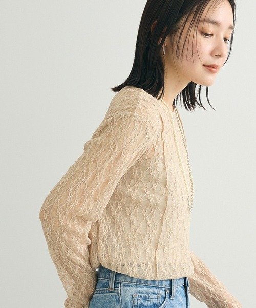 Green　Parks（グリーンパークス）の「パネルラインレースカットプルオーバー（Tシャツ/カットソー・レディース・ブラック/ライトベージュ/アイボリー/グレー・FREE）」の4枚目の写真