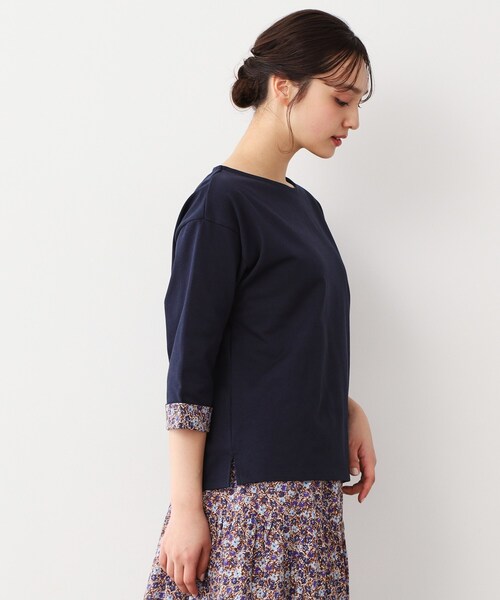tシャツ 「洗える／コットン100％／同柄アイテムあり」アマイア ディッツィー柄袖見返しプルオーバー レディース 洗える／コットン100％／同柄アイテムあり】アマイア