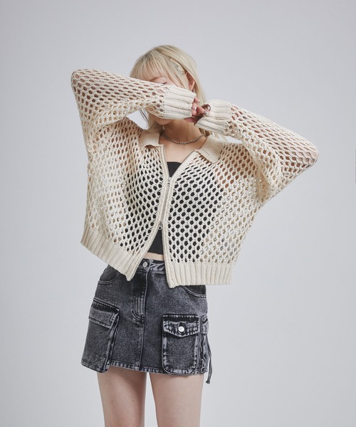 ENVYM(アンビー)の「メッシュポロニットジップカーディガン(カーディガン/ボレロ・レディース・アイボリー/ブラック/チャコールグレー・FREE)」の3枚目の写真