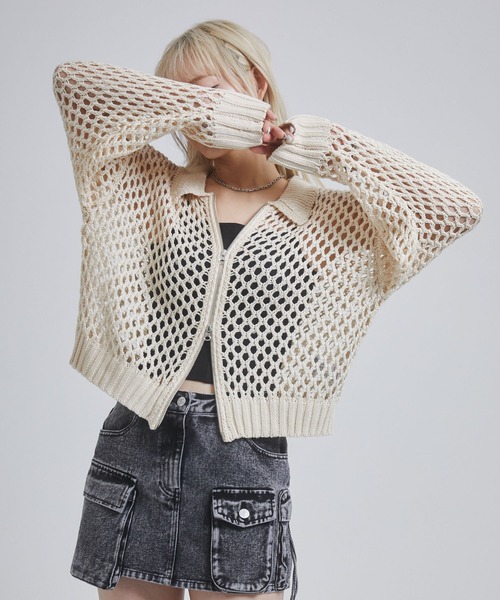 ENVYM(アンビー)の「メッシュポロニットジップカーディガン(カーディガン/ボレロ・レディース・アイボリー/ブラック/チャコールグレー・FREE)」の16枚目の写真