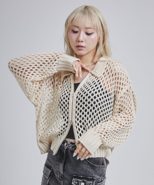 ENVYM(アンビー)の「メッシュポロニットジップカーディガン(カーディガン/ボレロ・レディース・アイボリー/ブラック/チャコールグレー・FREE)」の11枚目の写真