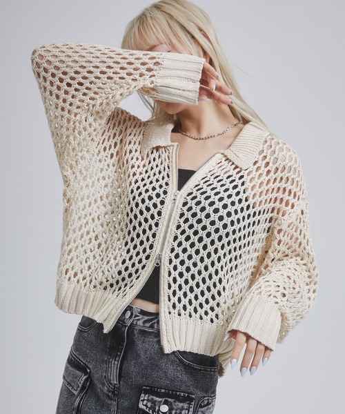 ENVYM(アンビー)の「メッシュポロニットジップカーディガン(カーディガン/ボレロ・レディース・アイボリー/ブラック/チャコールグレー・FREE)」の10枚目の写真