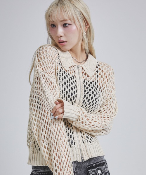 ENVYM(アンビー)の「メッシュポロニットジップカーディガン(カーディガン/ボレロ・レディース・アイボリー/ブラック/チャコールグレー・FREE)」の12枚目の写真