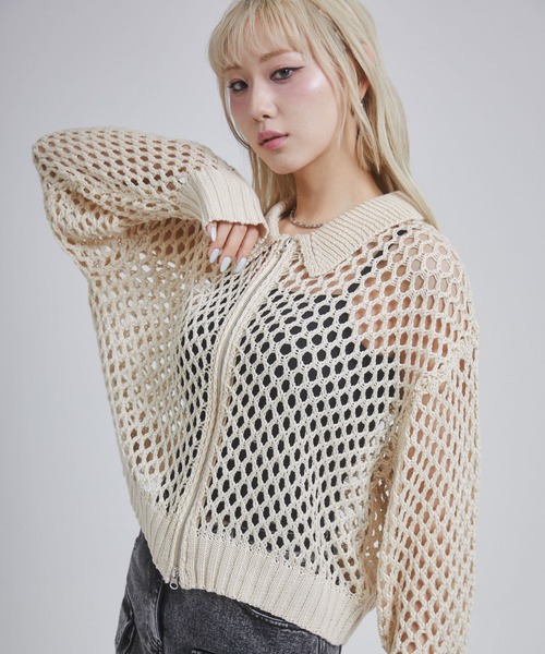 ENVYM(アンビー)の「メッシュポロニットジップカーディガン(カーディガン/ボレロ・レディース・アイボリー/ブラック/チャコールグレー・FREE)」の14枚目の写真