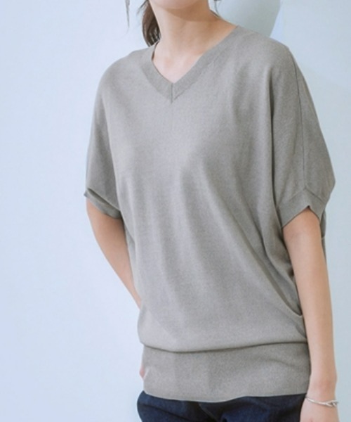 7days Life Styling(セブンデイズライフスタイリング)の「【接触冷感/UVカット】Vネックニットチュニック(ニット/セーター・レディース・ベージュ/ブラック/グリーン/ブルーグレー/杢グレー・LL/3L/S/M/L/4L/5L)」の3枚目の写真