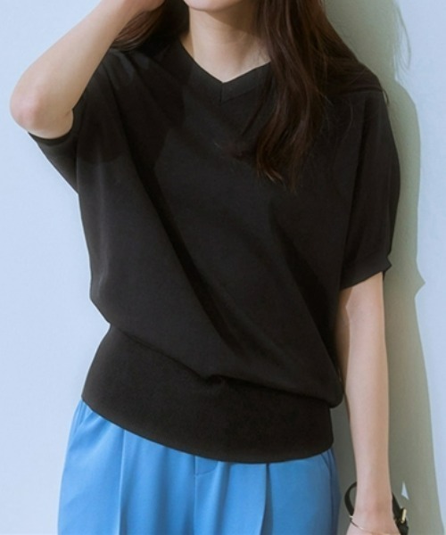 7days Life Styling(セブンデイズライフスタイリング)の「【接触冷感/UVカット】Vネックニットチュニック(ニット/セーター・レディース・ベージュ/ブラック/グリーン/ブルーグレー/杢グレー・LL/3L/S/M/L/4L/5L)」の1枚目の写真
