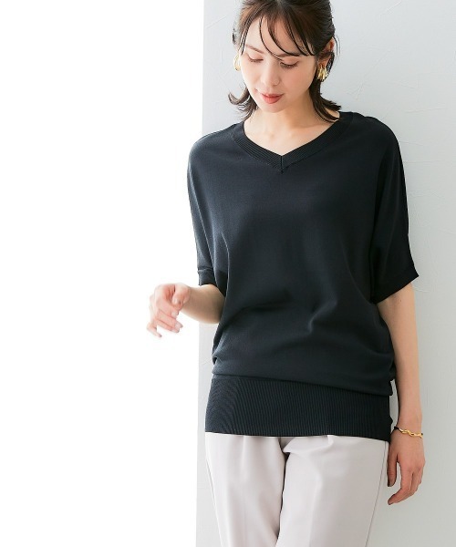 7days Life Styling(セブンデイズライフスタイリング)の「【接触冷感/UVカット】Vネックニットチュニック(ニット/セーター・レディース・ベージュ/ブラック/グリーン/ブルーグレー/杢グレー・LL/3L/S/M/L/4L/5L)」の6枚目の写真