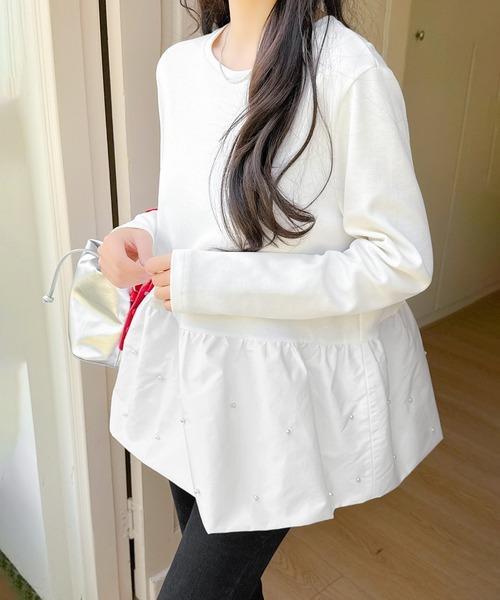 Hue day to evening パール付きペプラムトップス M hue DAY TO EVENING｜《手洗い可》パールペプラムTシャツ