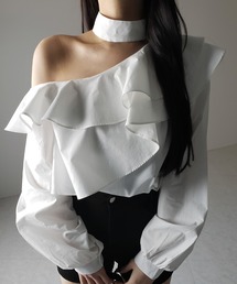 ※※【 2color 】チョーカーフリルワンショルダーブラウス / choker frill one shoulder blouse