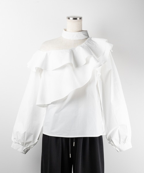 ブラウス シャツ 「 ２color 」チョーカーフリルワンショルダーブラウス ／  choker frill one shoulder blouse 2color 】チョーカーフリルワンショルダーブラウス ／ choker