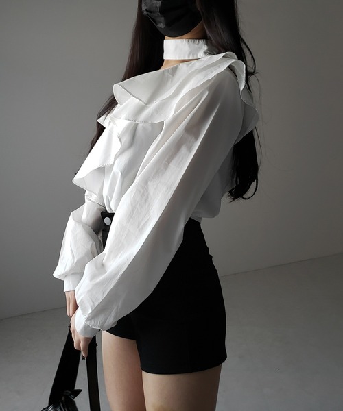 ブラウス シャツ 「 ２color 」チョーカーフリルワンショルダーブラウス ／  choker frill one shoulder blouse 2color 】チョーカーフリルワンショルダーブラウス ／ choker